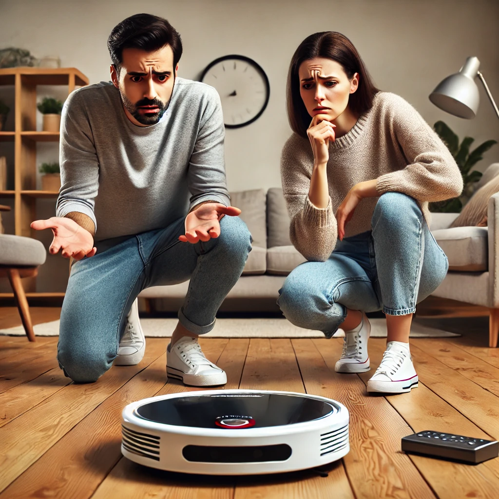 Dall·e 2025 02 27 00.32.58 A Modern Robotic Vacuum Cleaner Sits Unresponsive On A Clean Wooden Floor. A Man And A Woman, Both Appearing Confused And Concerned, Are Kneeling Besi